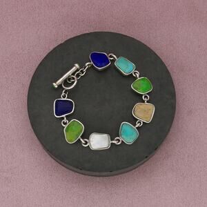 sterling silver lapis mother of pearl gaspeite toggle bracelet size 7.25in